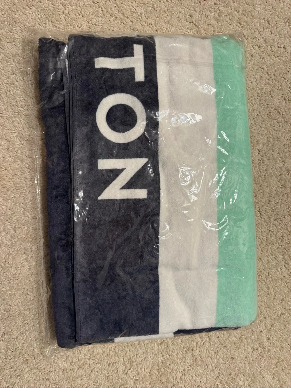 Peloton Navy White Mint Striped Bath or beach Towel NWT